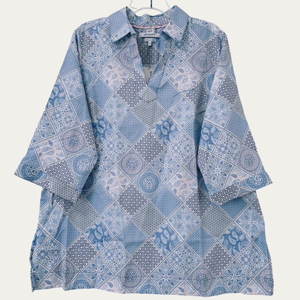 NWT Foxcroft Angel 3/4 Sleeve Tunic Top Women 18W Blue Patchwork Wrinkle Free